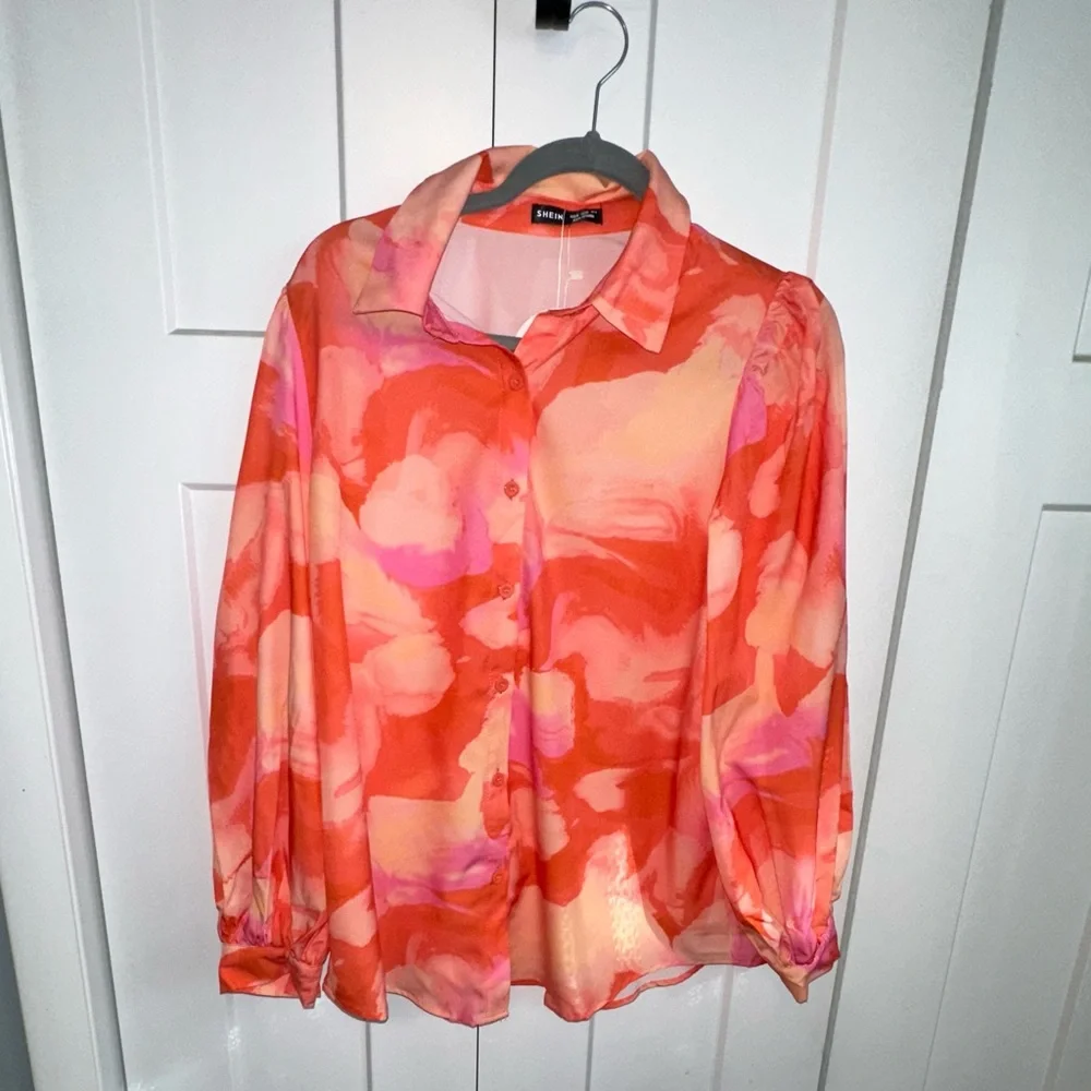 Women's Orange and Pink Holiday Vacation Flower Print Shirt - M - NWT - Picture 1 of 7